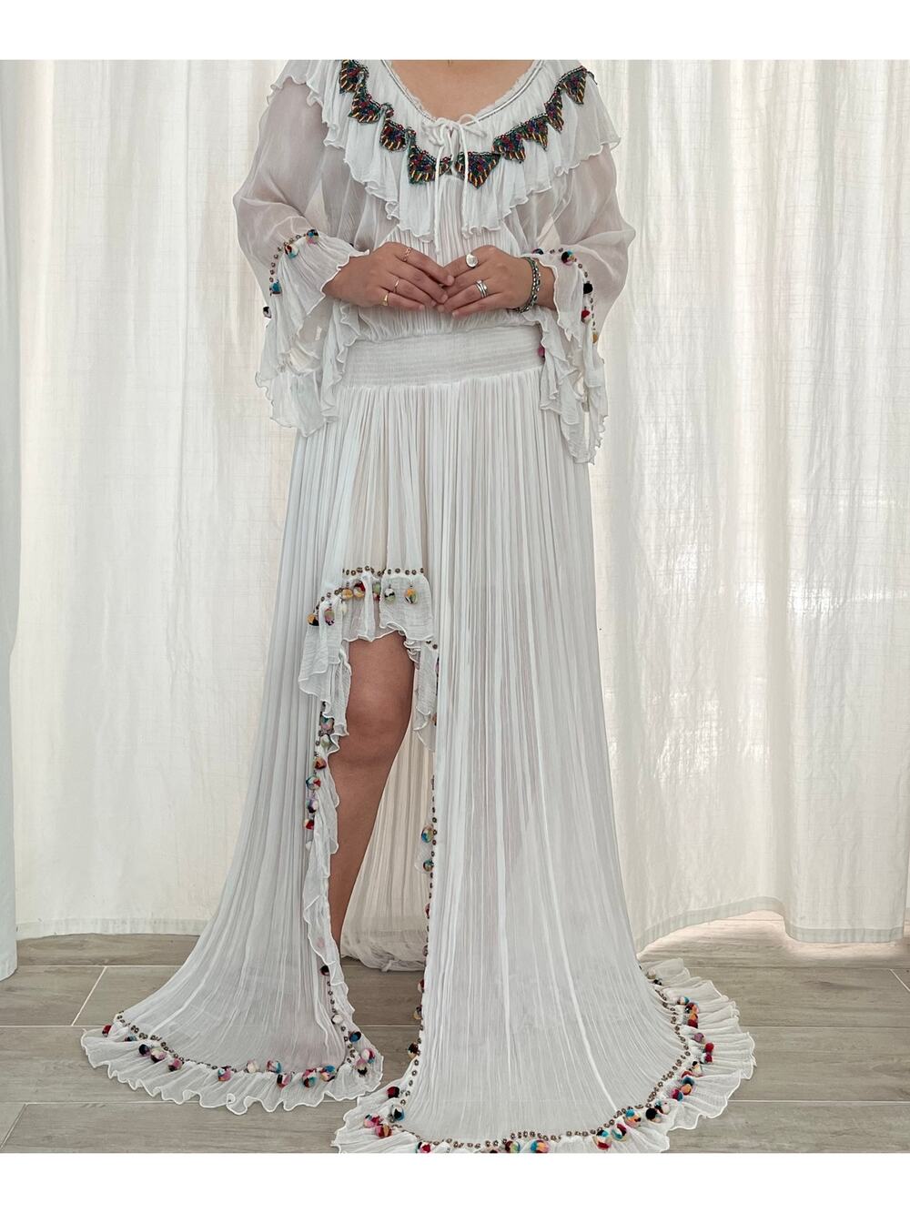 Iliana Bassiana Mykonos White Beaded Maxi Resort Beach Dress Beach Cover Up S/M